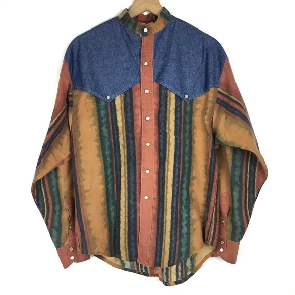 VINTAGE Pearl Snap Shirt Western Rodeo Cowboy Long Sleeve Stripe Denim Placket - Picture 9 of 9